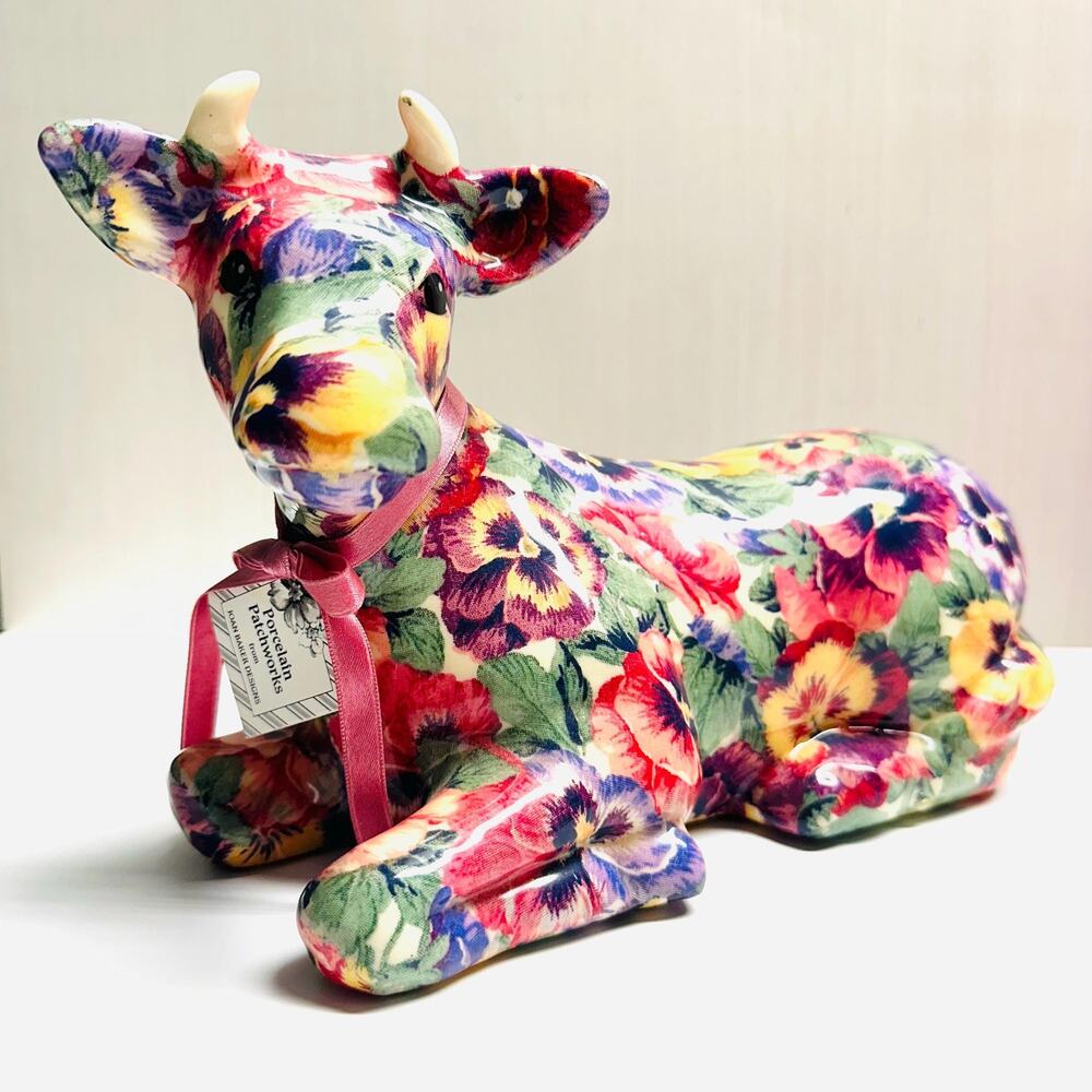 Vintage Joan Baker Porcelain Patchwork Cow Figurine Fabric Violets